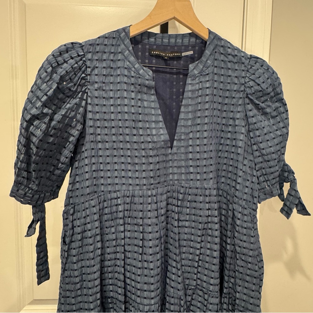 English Factory Blue Textured Midi Dress Puff Sleeve Tie Detail Size M - Picture 2 of 10